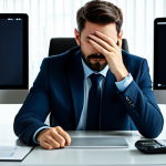A professional adult, fully clothed in a modest business-casual outfit, sitting at a modern desk in a well-lit home office, surrounded by multiple glowing digital screens including a laptop, smartphone, and tablet. The person displays a subtle expression of digital fatigue and slight overwhelm, perhaps gently rubbing their eyes. The scene emphasizes the blurred lines between work and personal life due to constant connectivity. This image is safe for work, appropriate content, fully clothed, professional, with perfect anatomy, correct proportions, natural pose, well-formed hands, proper finger count, natural body proportions, high quality, and professional photography.