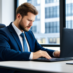 A professional person, looking visibly fatigued and experiencing mental strain, seated at a modern desk. They are fully clothed in a modest, professional business suit. The individual is surrounded by digital devices such as a laptop, tablet, and a smartphone displaying numerous notification icons. The background is a blurred, contemporary office space, implying a continuous workday. The lighting is soft but highlights a sense of mental overload. High-resolution, professional photography, realistic, perfect anatomy, correct proportions, well-formed hands, natural pose, natural body proportions. Safe for work, appropriate content, fully clothed, professional dress, modest clothing.