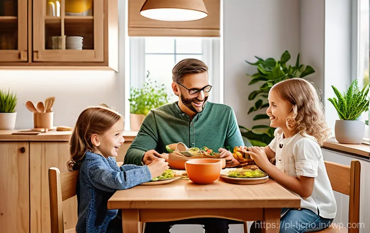 개인별 테크노스트레스 대처법 - **Prompt 1: Cozy Family Meal, Tech-Free Zone**
"A warm and inviting scene inside a modern Polish...