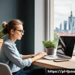테크노스트레스 관리의 필수 도구 - A modern Polish home office scene featuring a young adult sitting at a sleek wooden desk using a lap...