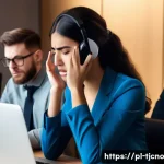 Home 21 테크노스트레스와 경력 개발 - A modern office scene showing a diverse group of professionals experiencing techno-stress: a young w...