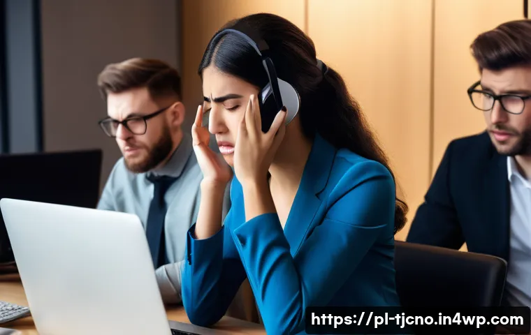 테크노스트레스와 경력 개발 - A modern office scene showing a diverse group of professionals experiencing techno-stress: a young w...