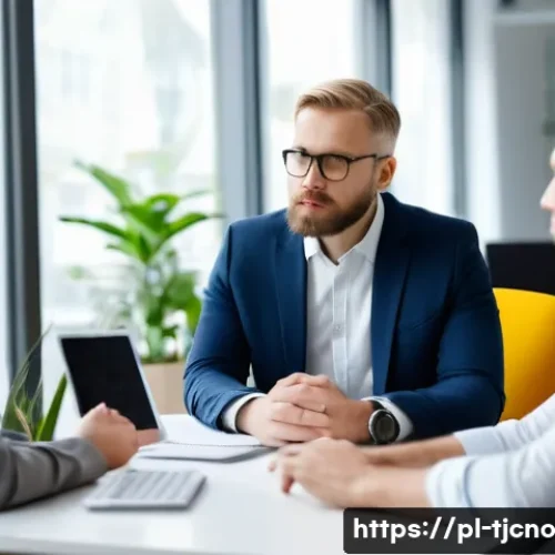 Home 31 테크노스트레스 관리 리더십 훈련 - A modern office scene showing a diverse Polish team of professionals engaged in a meeting about digi...