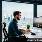 Home 18 테크노스트레스 관리의 미래 전망 - A modern office environment in Warsaw, Poland, featuring a young professional using a personalized A...