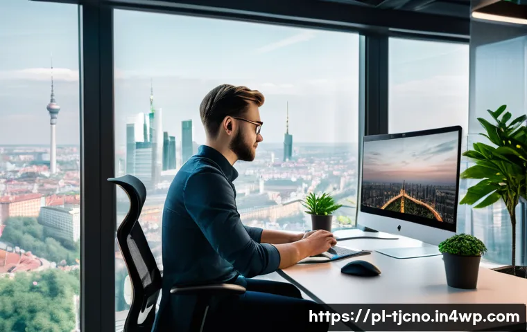 테크노스트레스 관리의 미래 전망 - A modern office environment in Warsaw, Poland, featuring a young professional using a personalized A...