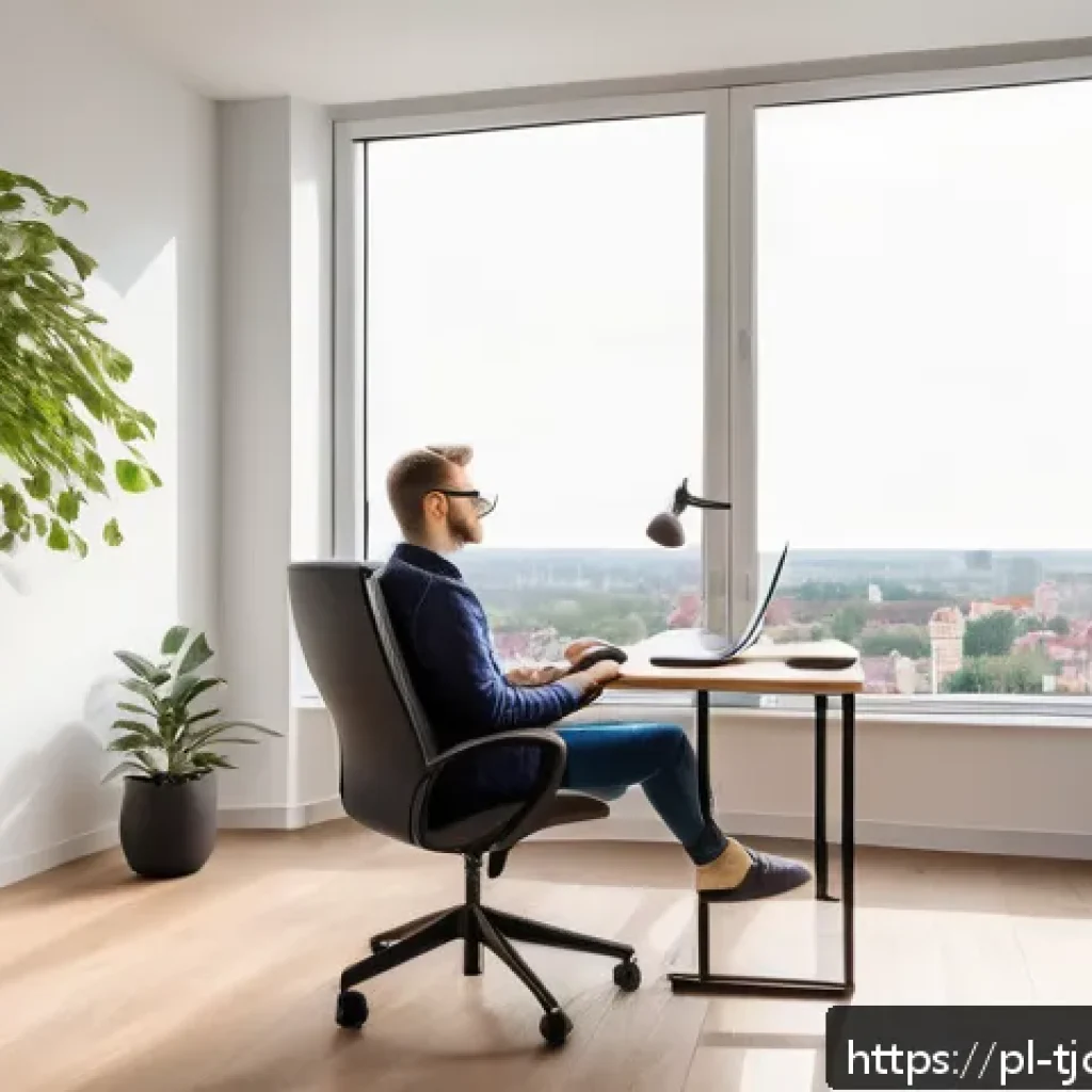 테크노스트레스와 IT 기기의 영향 - A modern Polish home office setup featuring a young adult working on a laptop with an ergonomic chai...
