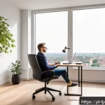 Home 23 테크노스트레스와 IT 기기의 영향 - A modern Polish home office setup featuring a young adult working on a laptop with an ergonomic chai...