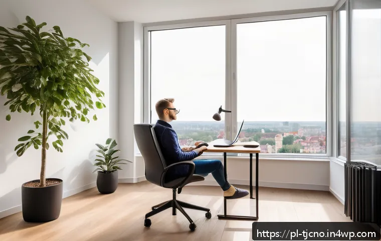 테크노스트레스와 IT 기기의 영향 - A modern Polish home office setup featuring a young adult working on a laptop with an ergonomic chai...
