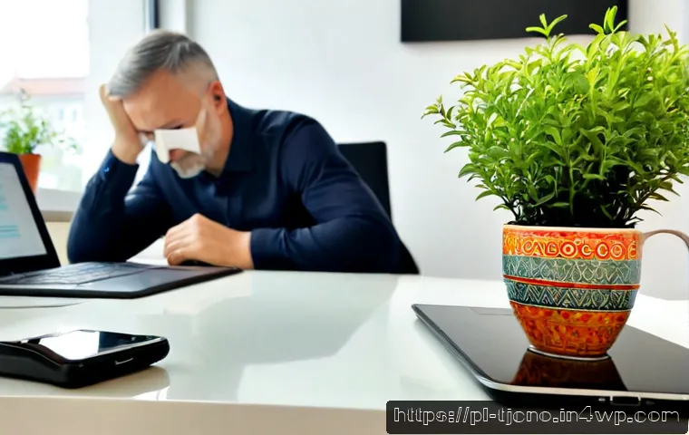 Home 15 테크노스트레스 관리의 변화하는 패턴 - Photorealistic modern Polish home office in Warsaw, middle-aged professional calmly practicing a bre...